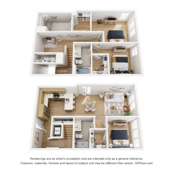 Thumbnail 3 of 3 A 3D floor plan of a house with multiple rooms.