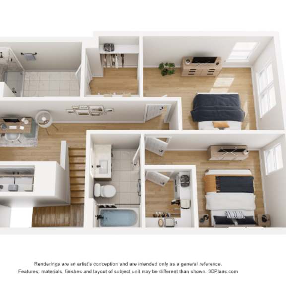 Thumbnail 2 of 3 A series of images showing different views of a modern, minimalist apartment layout.