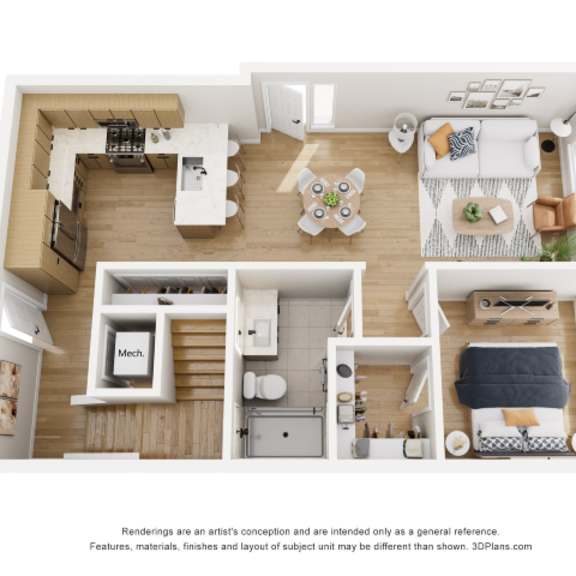 Thumbnail 1 of 3 A top-down view of a modern apartment layout with a kitchen, living room, and bedroom.