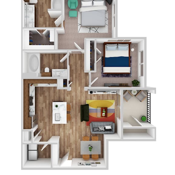 Thumbnail 1 of 2 A 3D floor plan of a small apartment with a kitchen, living room, and bedroom.