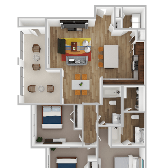 Thumbnail 1 of 2 A floor plan of a house with a living room, dining room, kitchen, and two bedrooms.