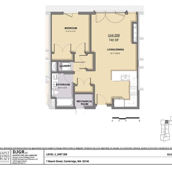 Thumbnail 1 of 8 1 Bedroom, 1 Bathroom Condo Layout at Saint James Place, Cambridge, MA 02140
