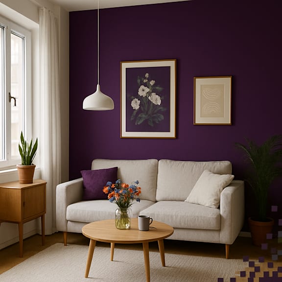 A living room with a white sofa, a wooden table, a vase with flowers, and a painting on the wall.