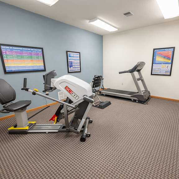 a gym room with a treadmill, exercise bike, and other equipment.