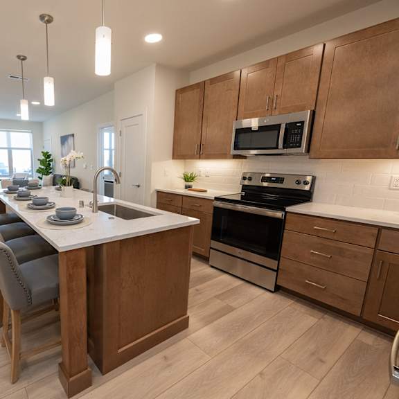a kitchen with a large island and a table with chairs