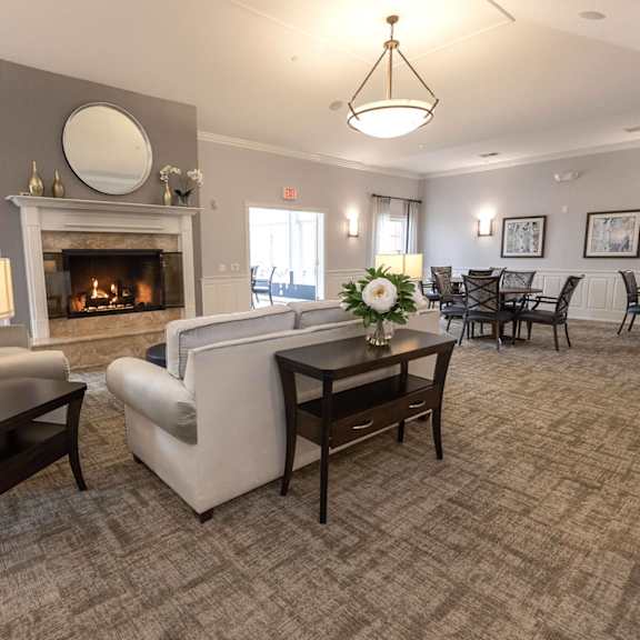 a living room with a fireplace