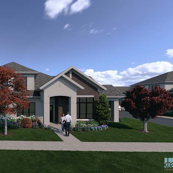 a modern house with a large front yard and two people walking towards the entrance.