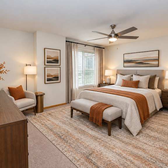 a bedroom with a bed, a chair, a dresser, and a ceiling fan.