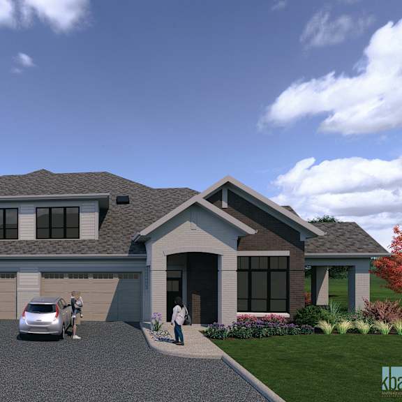 a modern house with a grey roof and a garage.