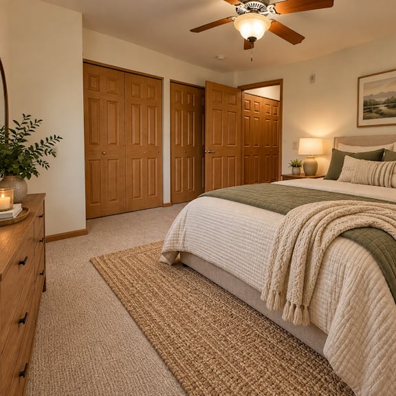 a bedroom with a large bed and a ceiling fan.