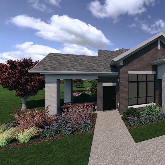 a modern house with a grey roof and a driveway leading to the garage.