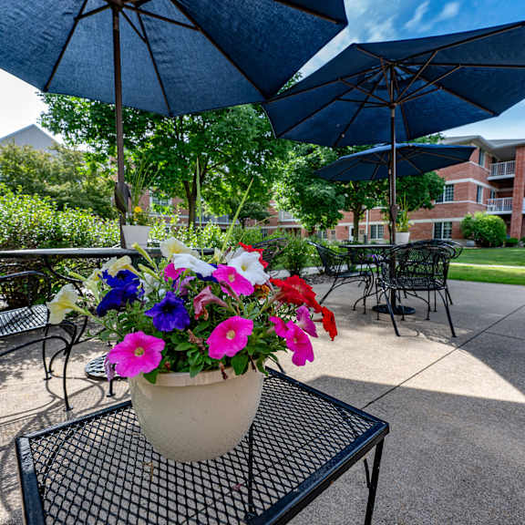 a flower pot with a mix of pink, red, and blue flowers sits on a table under a blue umbrella.