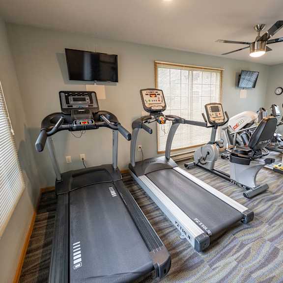 a spacious home gym with treadmills, elliptical machines, and a television.