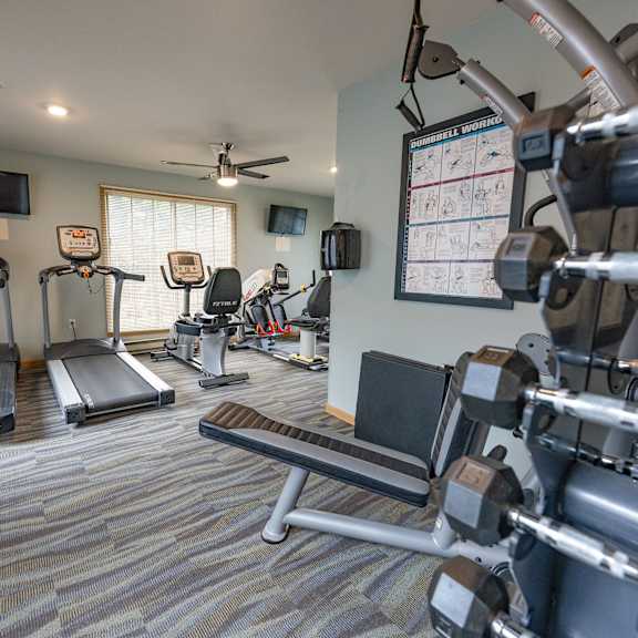 a well equipped gym with treadmills, elliptical machines, and dumbbells.