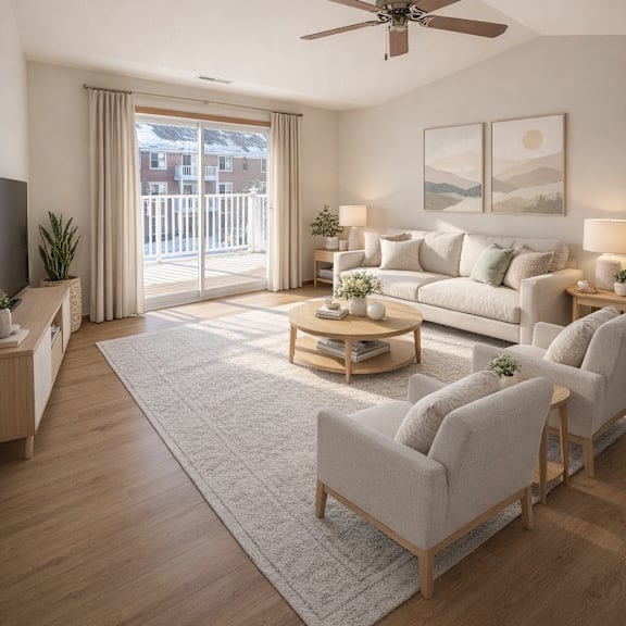 a modern living room with a large window and a sliding glass door.
