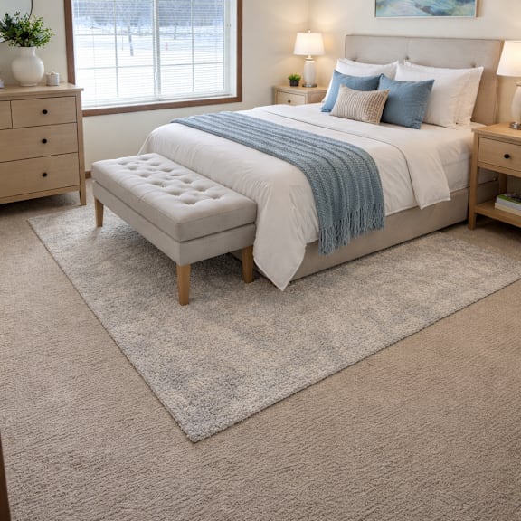 a bedroom with a bed, bench, and a ceiling fan.