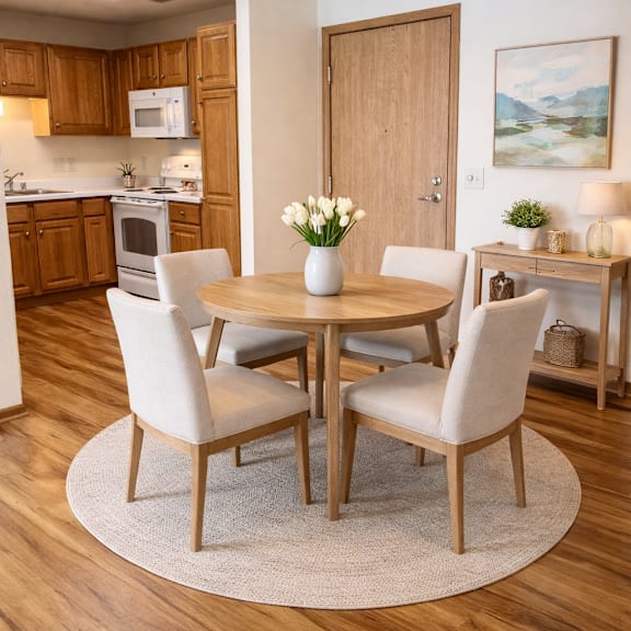 a dining room with a table and chairs.