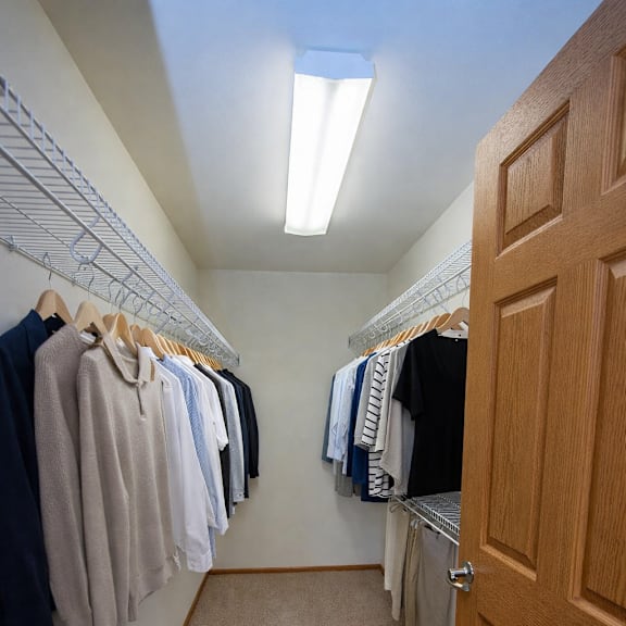 a walk in closet with clothes hanging on shelves and a carpeted floor.