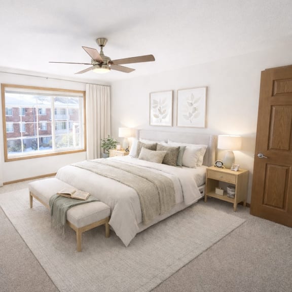 a bedroom with a large bed, a dresser, and a window with curtains.