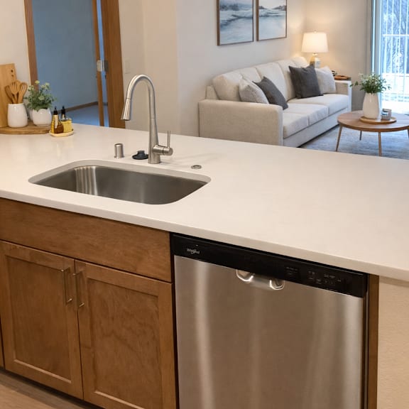 a modern kitchen with a stainless steel dishwasher and a white countertop.