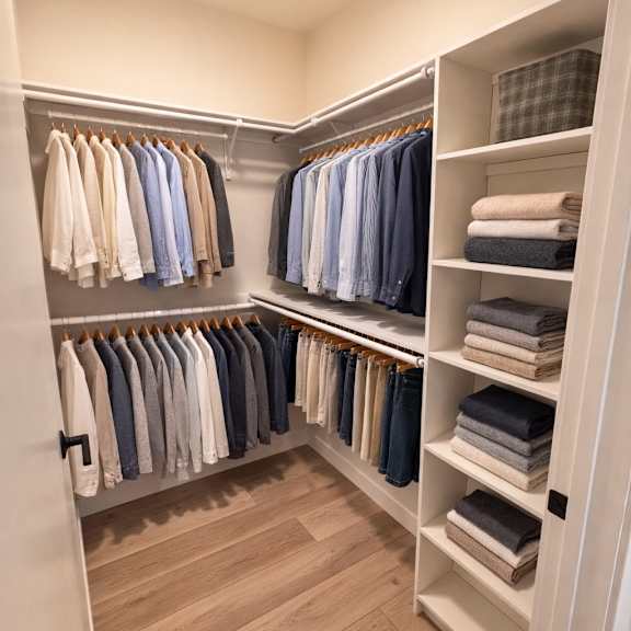 a walk in closet with clothes hanging and folded on shelves.