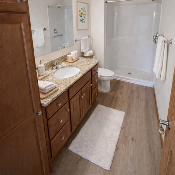 a bathroom with a sink, toilet, and shower.