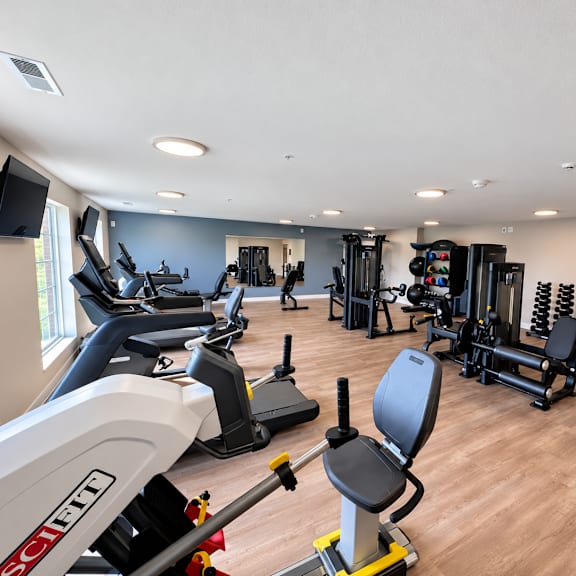 a gym with a variety of equipment including treadmills, weights, and exercise machines.