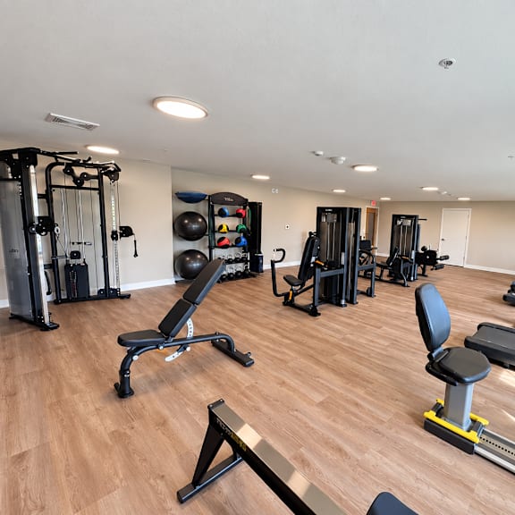 a gym with a variety of equipment including treadmills, weights, and exercise machines.