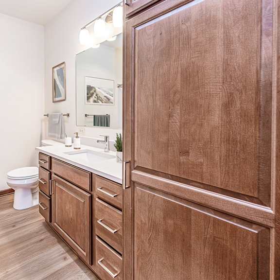 a bathroom with white walls and wood flooring