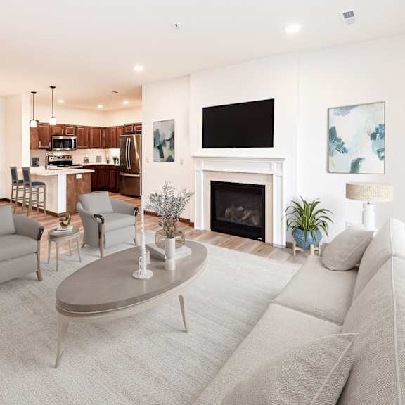 a living room with a fireplace and a couch