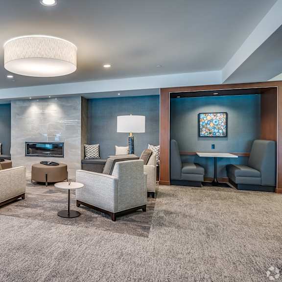 internet cafe with couches and chairs and a fireplace