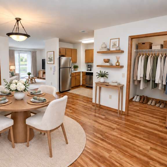 a dining room with a round table and chairs.