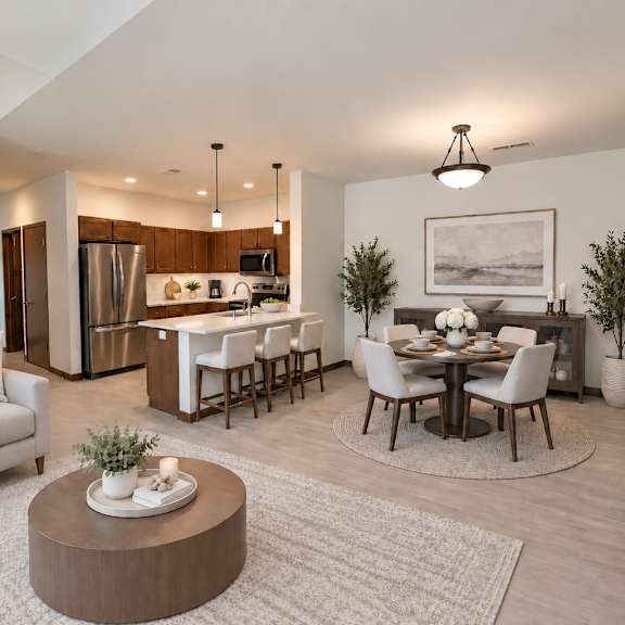 a modern kitchen with a dining table set for four.