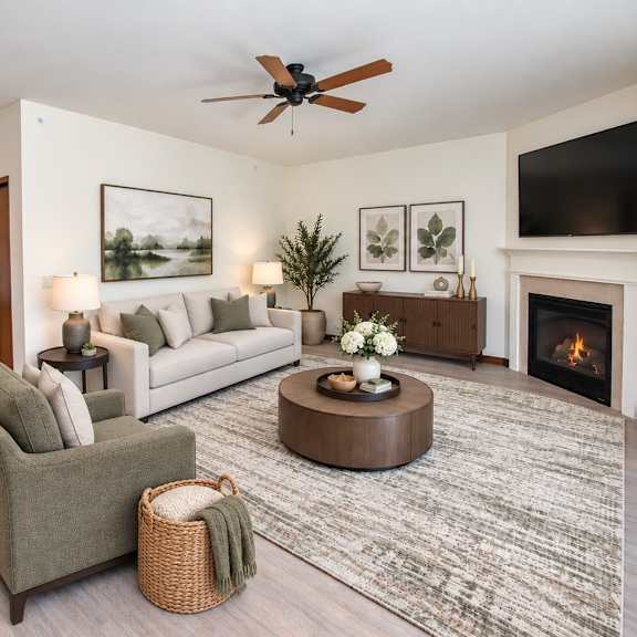 a living room with a fireplace and a television.