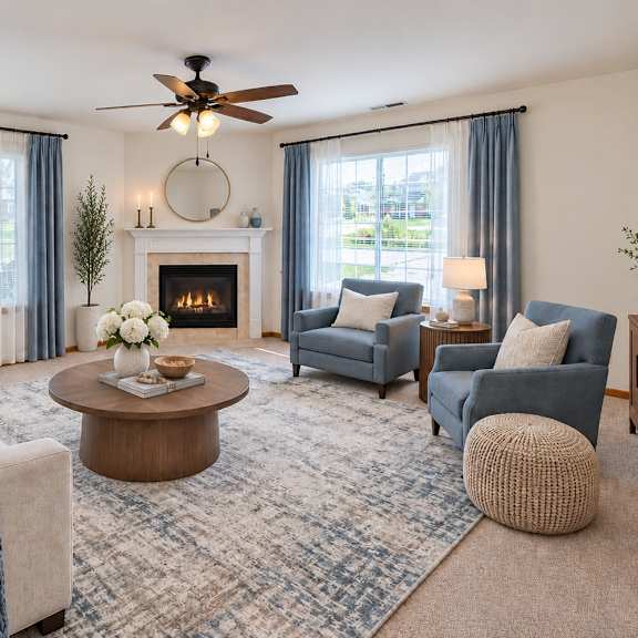 a living room with a fireplace, a sofa, a chair, and a coffee table.