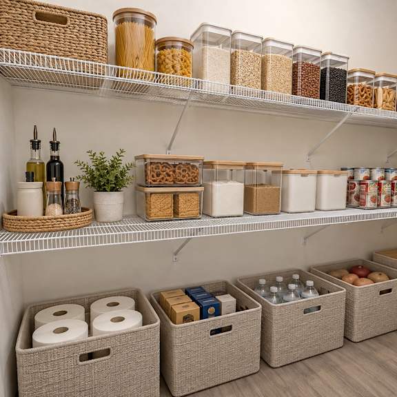 a kitchen pantry with shelves stocked with food and drinks.