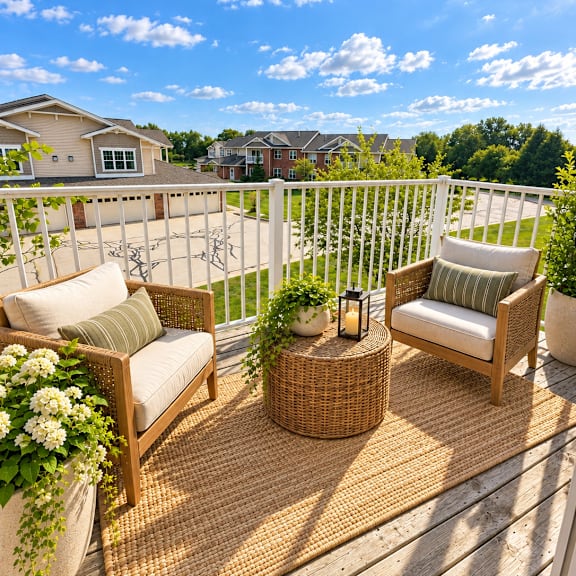 a patio with a white railing, two chairs, and a table with a plant on it.