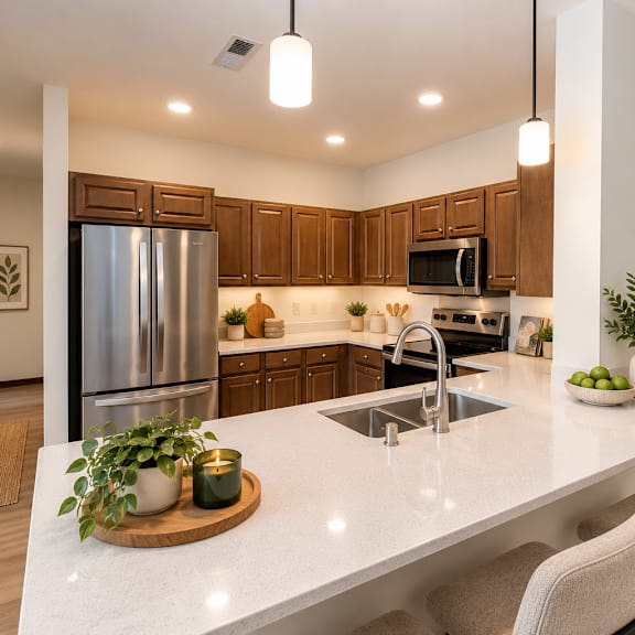 a modern kitchen with a white countertop and wooden cabinets.