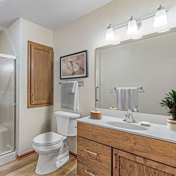 a bathroom with a white toilet, a white sink, a glass shower door, and a wooden medicine cabinet.