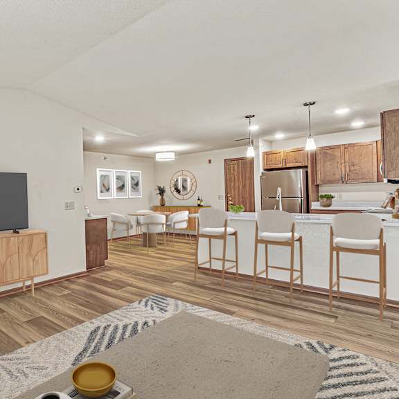 a living room with a television and a rug on the floor.