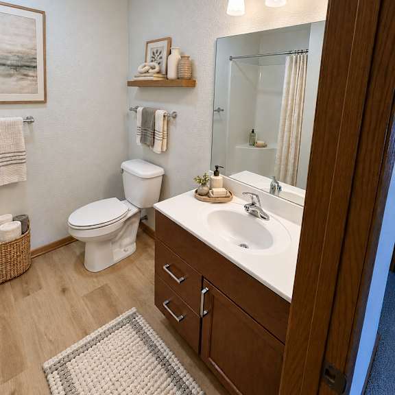 a bathroom with a toilet, sink, and mirror.