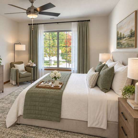 a well-lit bedroom with a large bed, a ceiling fan, and a view of the outdoors through the window.