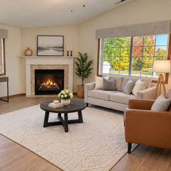 a cozy living room with a fireplace and comfortable seating.