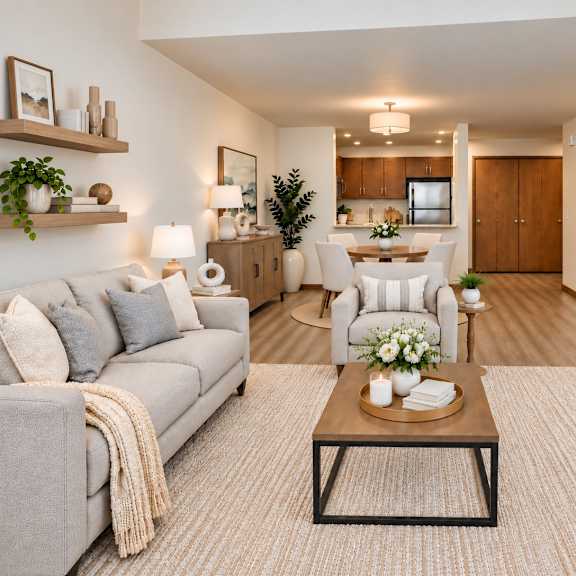 a well-lit, modern living room with a grey sofa, a coffee table, and a dining area in the background.