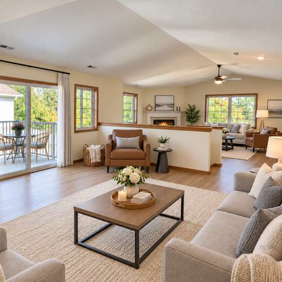a living room with a coffee table in the center and a fireplace in the background.