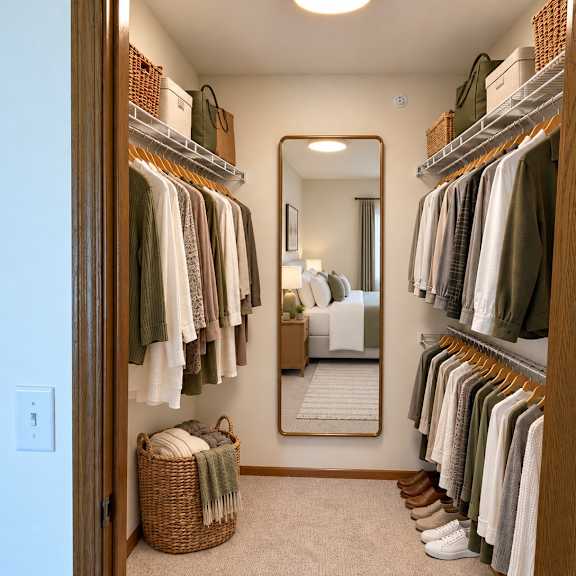 a well-organized walk-in closet with clothes hanging on shelves and a mirror on the wall.