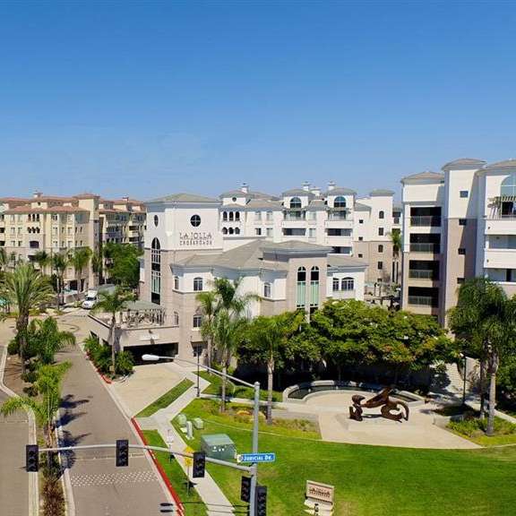aerial entrance view at la jolla crossroads apartments, san diego, 92122