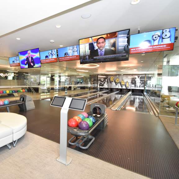 bowling alley with scoring console and seating at 360 luxury apartments, san diego, ca 92122