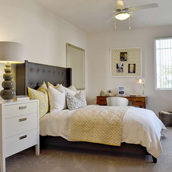beautiful bright bedroom with wide windows at casa mira view apartments, san diego, ca, 92126