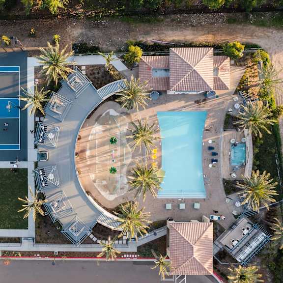 drone view of a property at casa mira view apartments, san diego, california